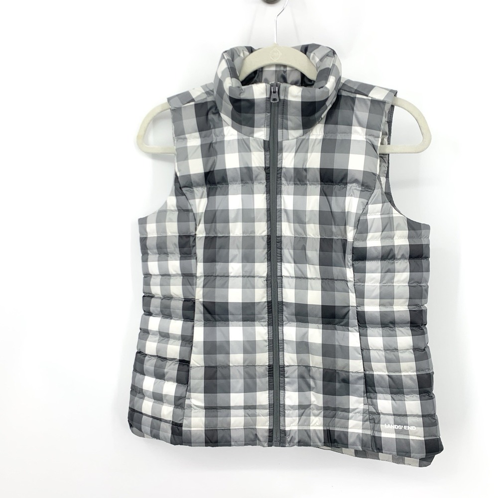 Lands End Women Size XS 2 4 Vest Black White Check Quilted Puffer Jacket Down